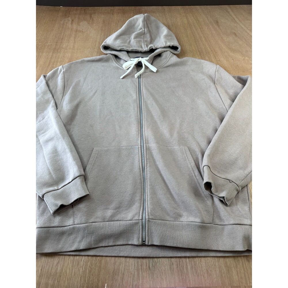 Forever 21 Men XXL Zip Up Hoodie Beige Fleece Lined Full Zip Casual